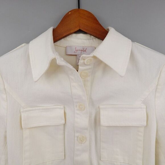 Scripted Peplum Jacket Womens XS Cream Flared Sleeve Canvas Fitted Mod 70s Retro - Picture 8 of 16